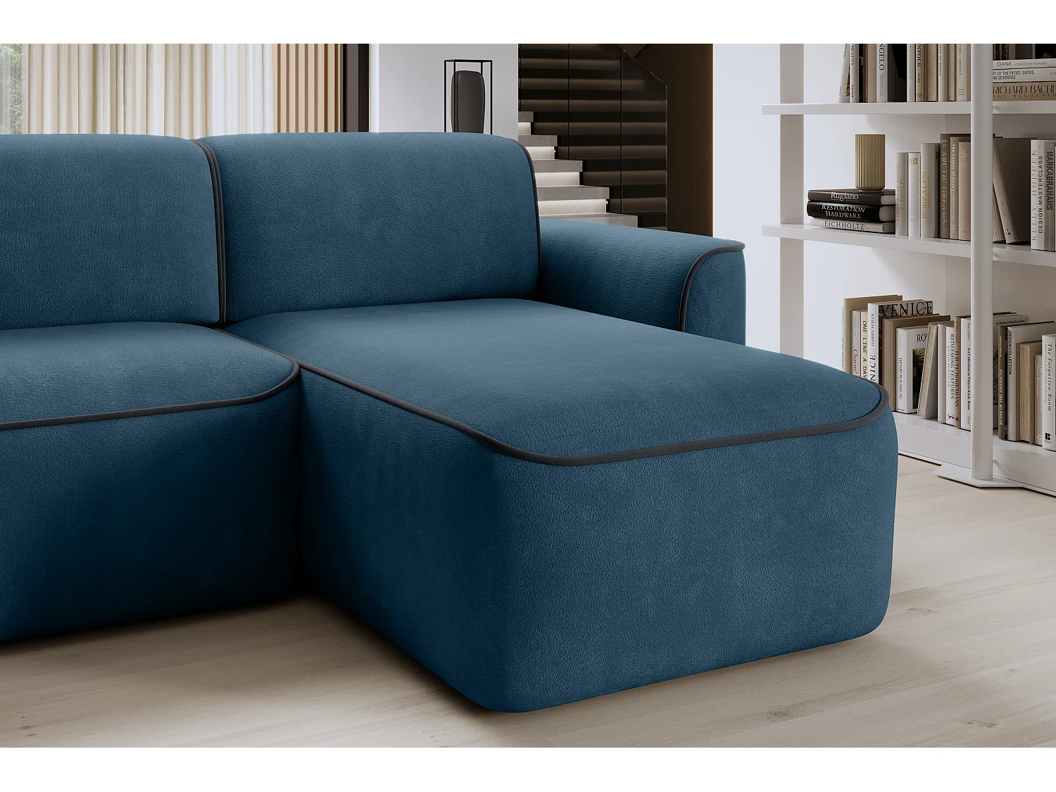 Sofá esquinero eléctrico de tela DUMAS - Innovación en bienestar-Azul oscuro/Gris oscuro-Ángulos rectos