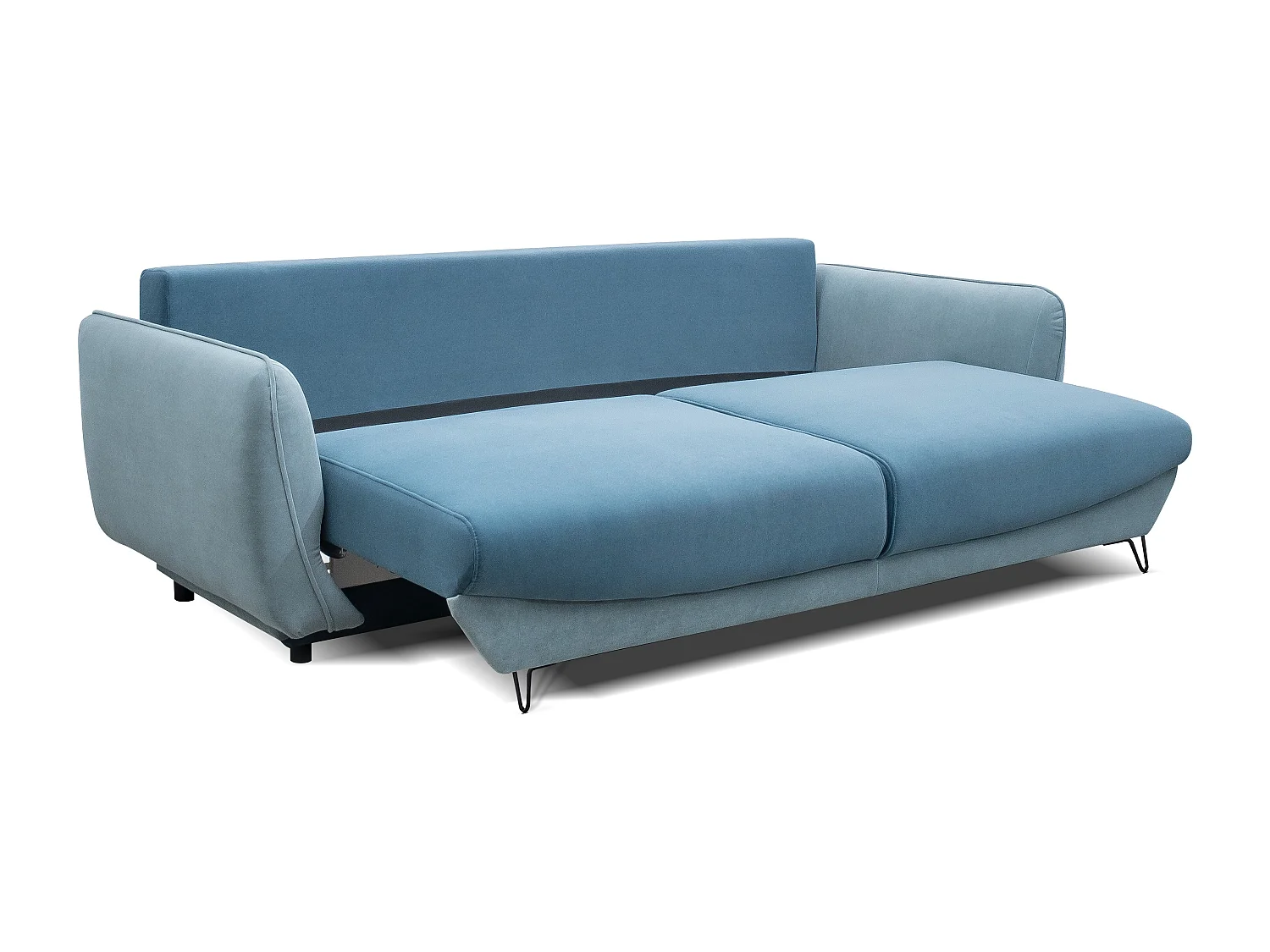 Canapé droit convertible 3 place velours ZURIK 236cm - Coffre de rangement & pied métal noir-Bleu clair