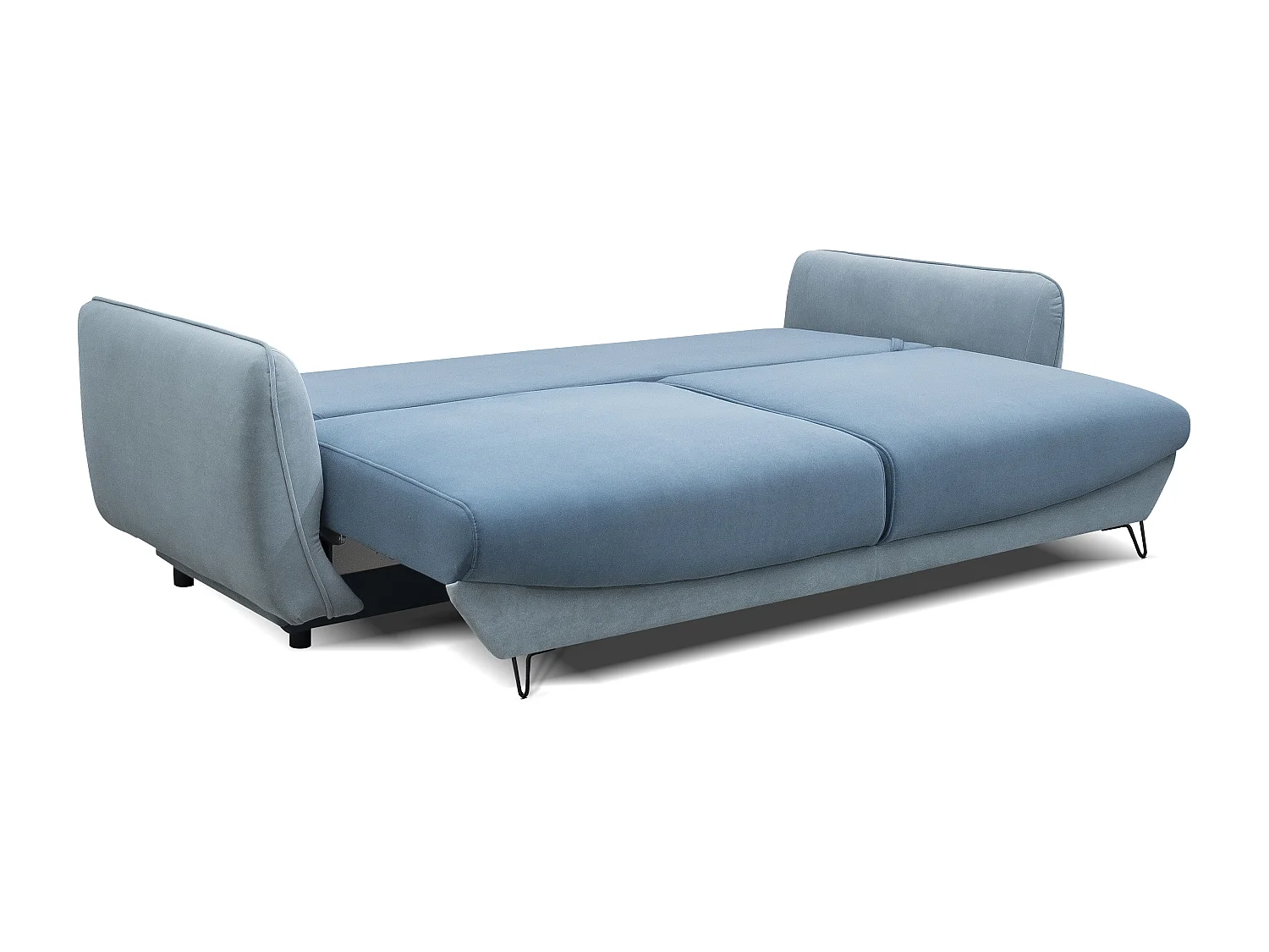 Canapé droit convertible 3 place velours ZURIK 236cm - Coffre de rangement & pied métal noir-Bleu clair