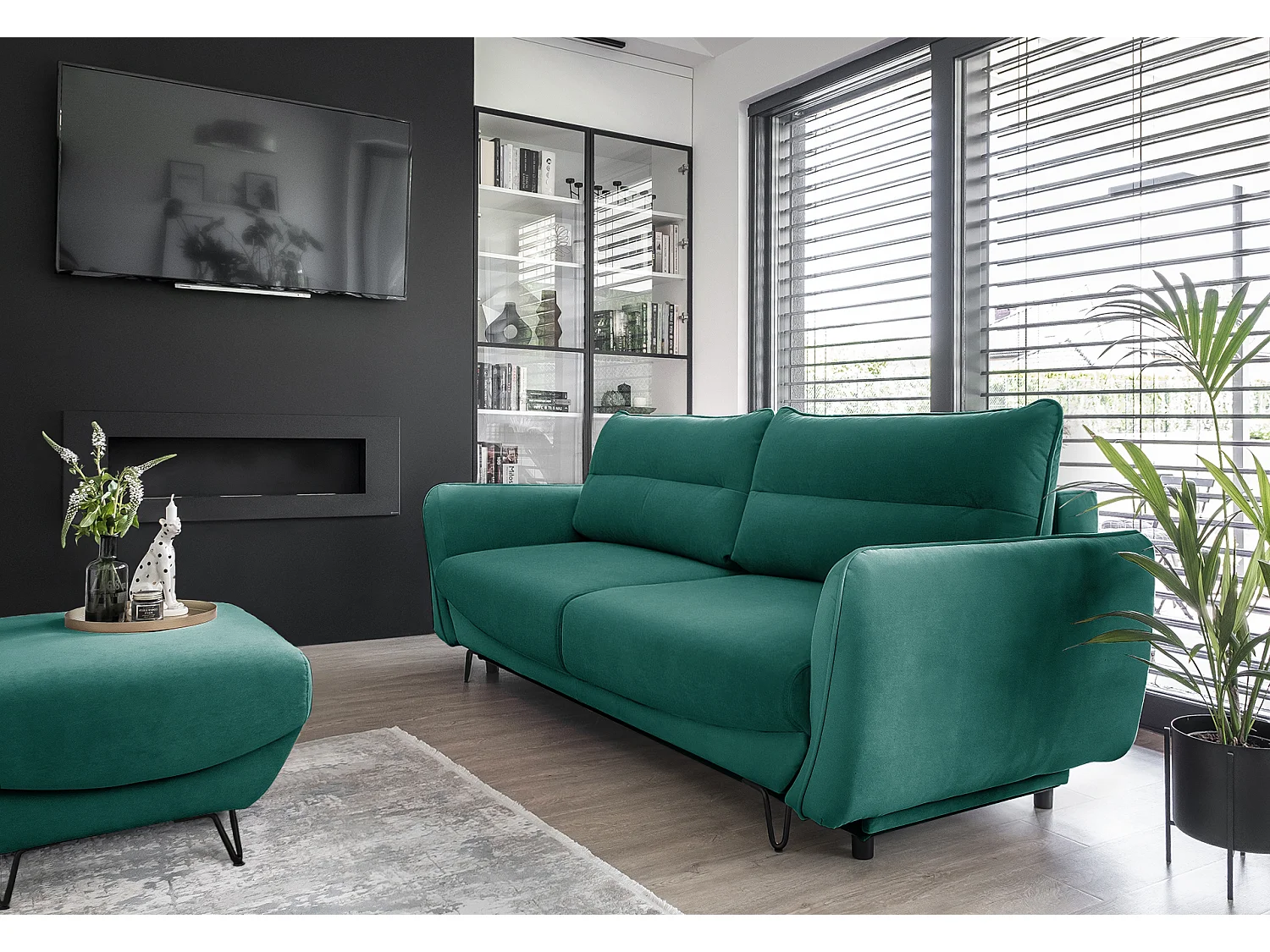 Canapé droit convertible 3 place velours ZURIK 236cm - Coffre de rangement & pied métal noir-Vert forêt