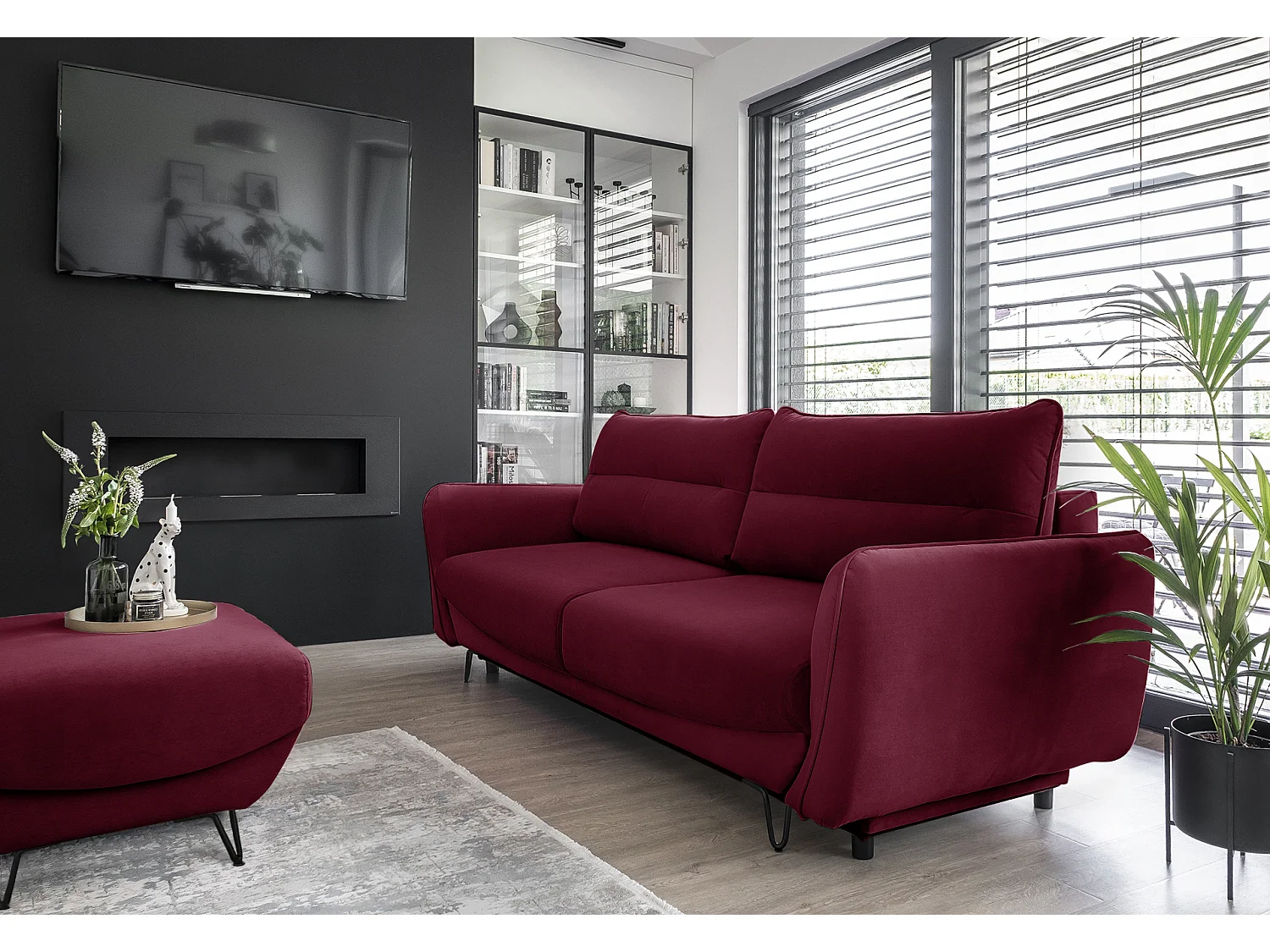 Canapé droit convertible 3 place velours ZURIK 236cm - Coffre de rangement & pied métal noir-Bordeaux