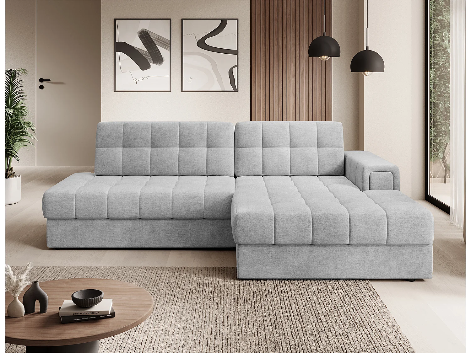 Sofá esquinero de terciopelo KELLY - Almacenaje y convertible-Perla gris-Chaise longue derecha