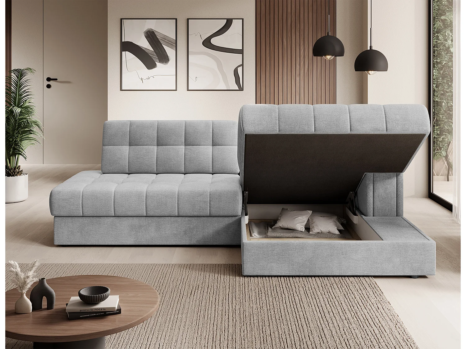 Sofá esquinero de terciopelo KELLY - Almacenaje y convertible-Perla gris-Chaise longue derecha