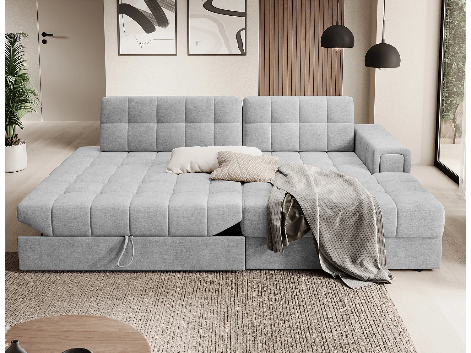 Sofá esquinero de terciopelo KELLY - Almacenaje y convertible-Perla gris-Chaise longue derecha