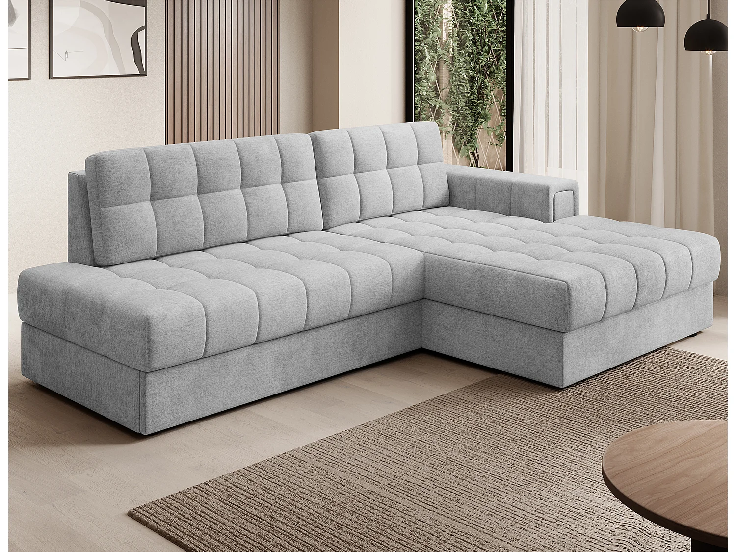 Sofá esquinero de terciopelo KELLY - Almacenaje y convertible-Perla gris-Chaise longue derecha