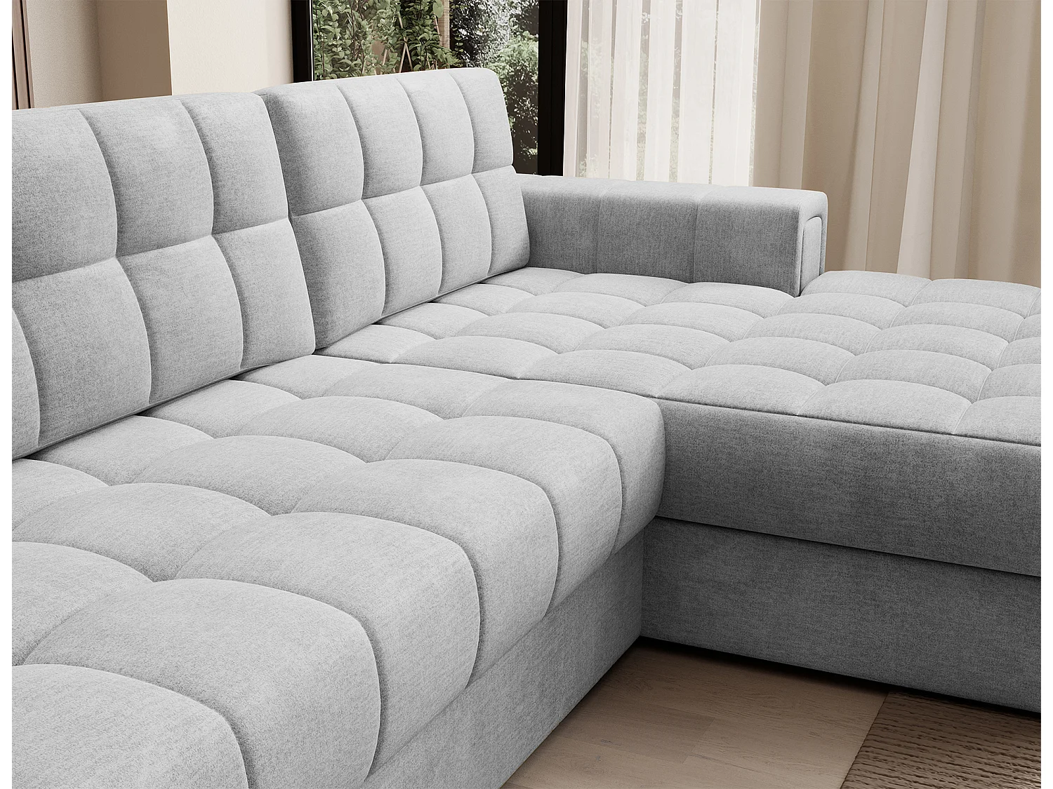 Sofá esquinero de terciopelo KELLY - Almacenaje y convertible-Perla gris-Chaise longue derecha