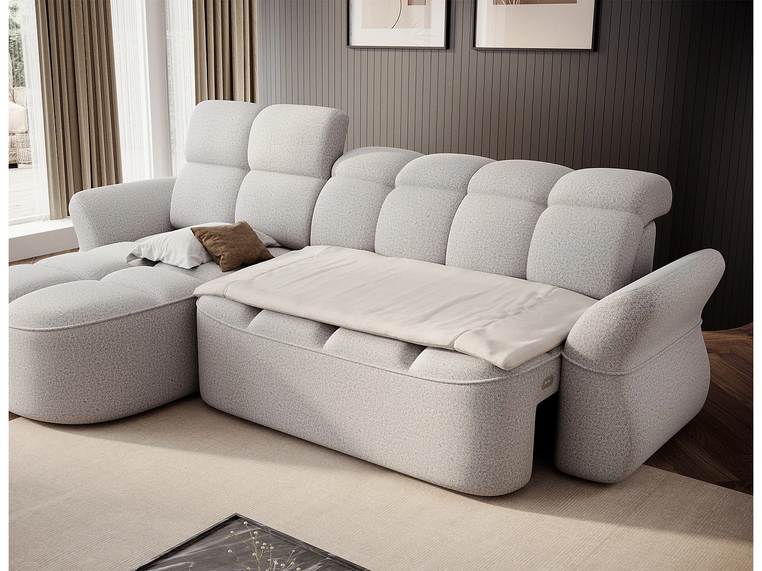 Canapé d’angle 4 place tissu CENTURY 301cm – Convertible et coffre-Gris perle-angle gauche