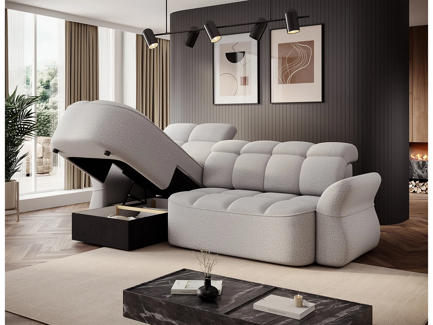 Canapé d’angle 4 place tissu CENTURY 301cm – Convertible et coffre-Gris perle-angle gauche