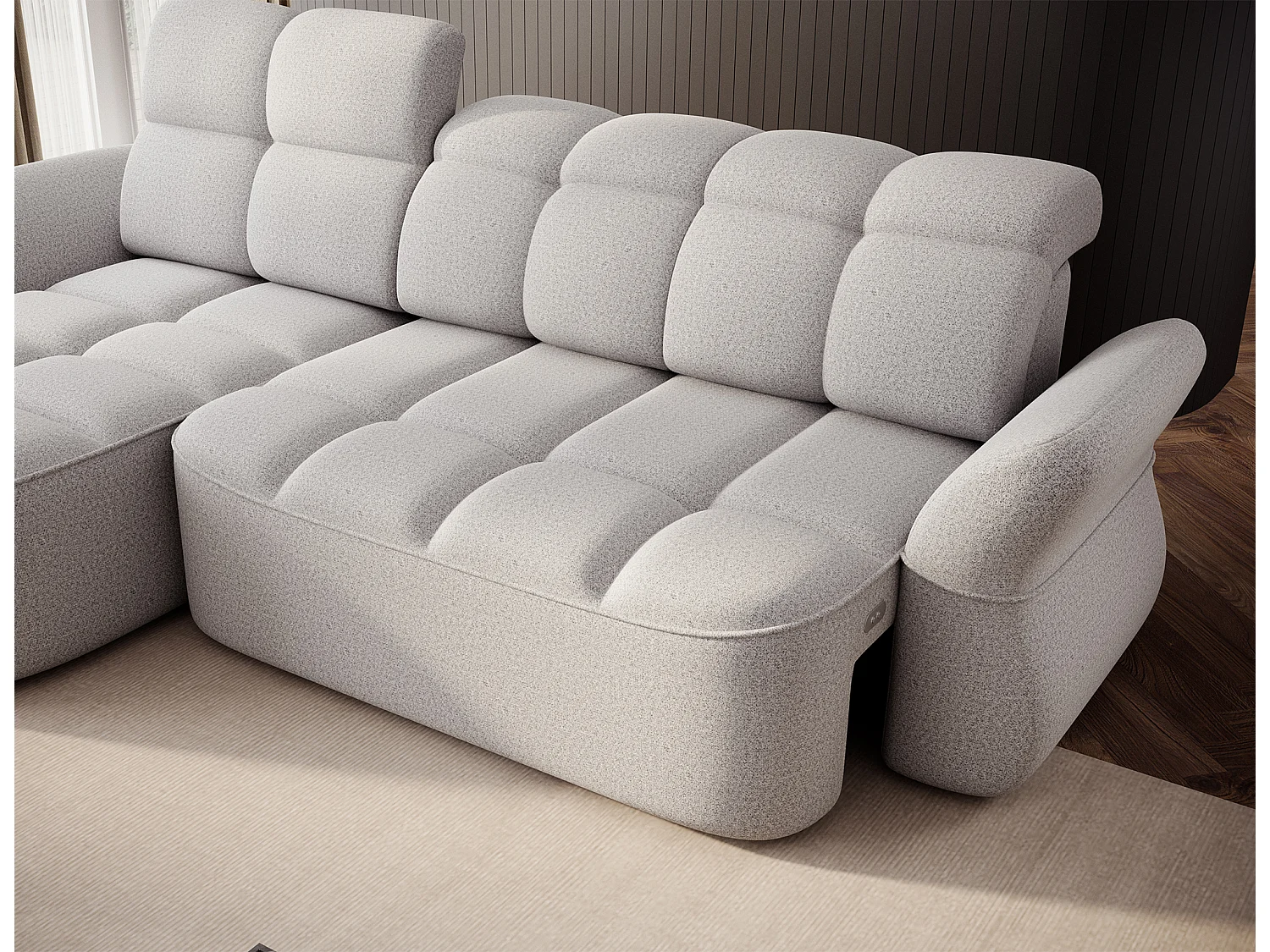 Canapé d’angle 4 place tissu CENTURY 301cm – Convertible et coffre-Gris perle-angle gauche