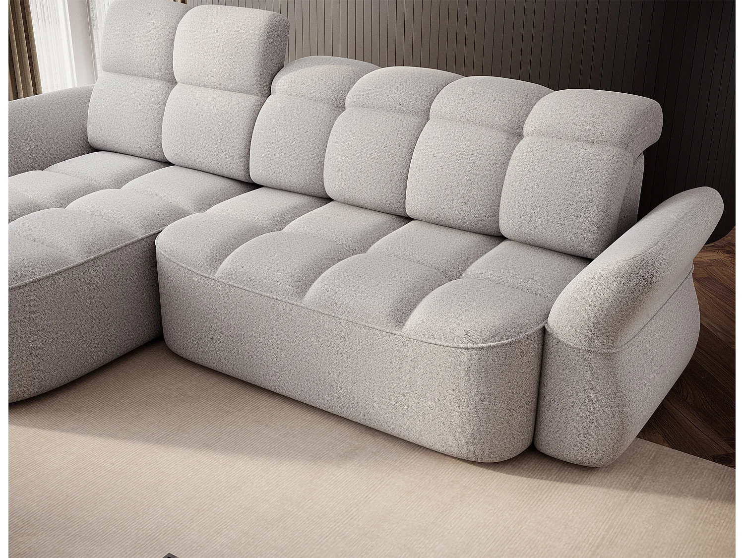 Canapé d’angle 4 place tissu CENTURY 301cm – Convertible et coffre-Gris perle-angle gauche