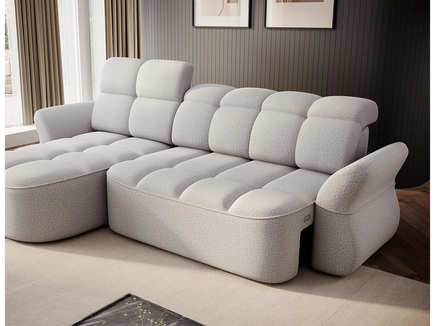 Canapé d’angle 4 place tissu CENTURY 301cm – Convertible et coffre-Gris perle-angle gauche