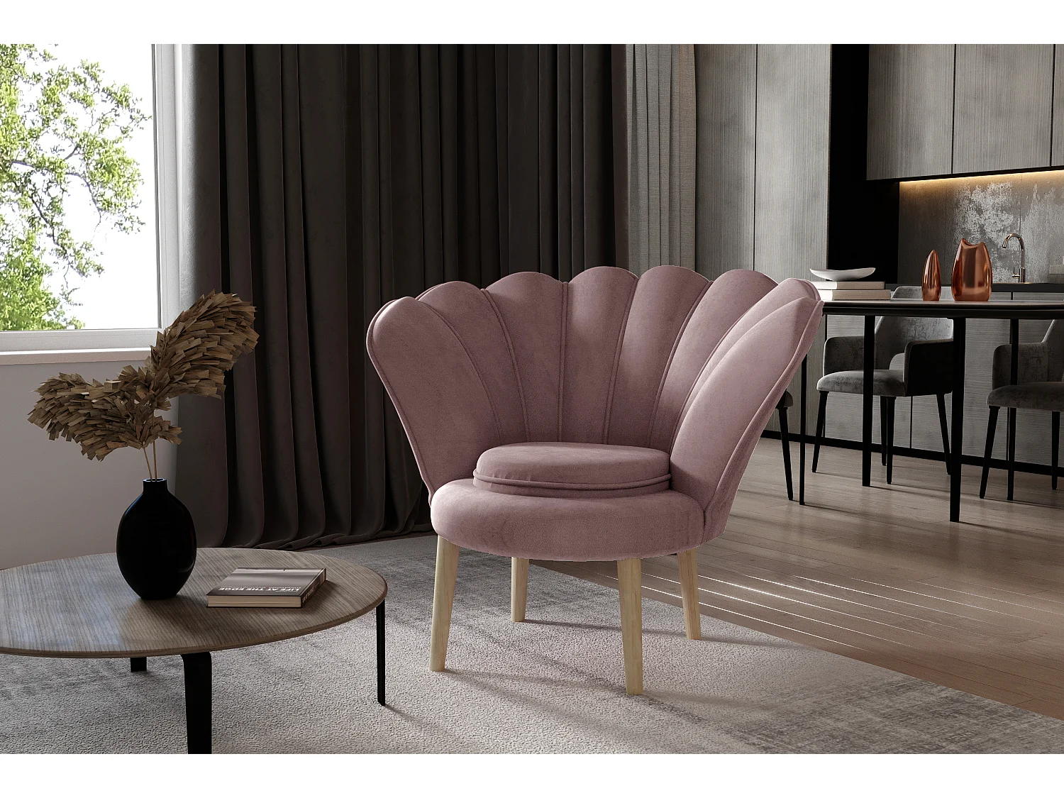 Fauteuil coquillage velours rose Skidra