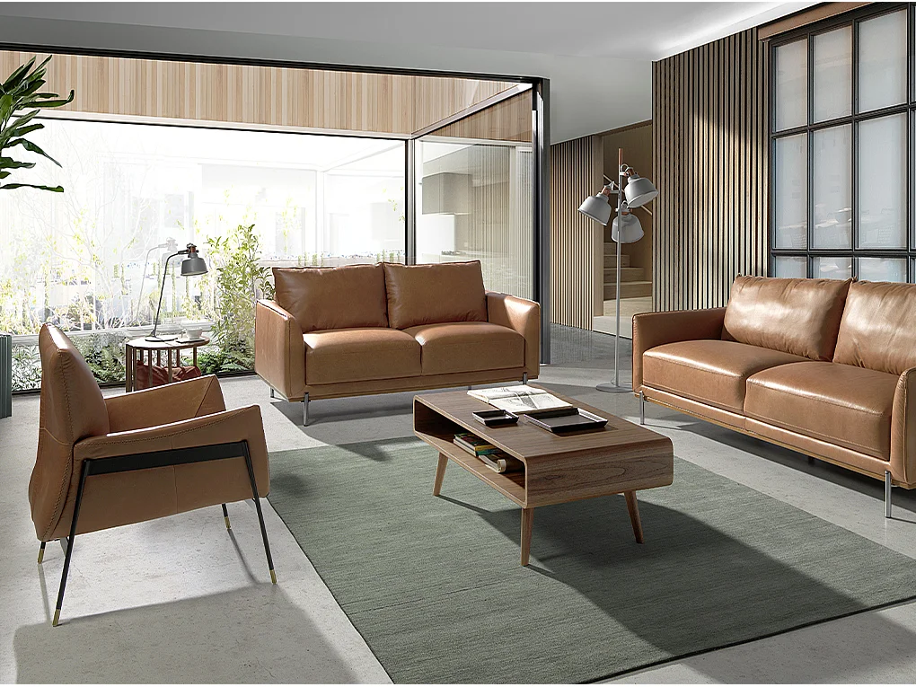 Fauteuil en cuir marron et pied en acier noir ROXANE-Marron clair