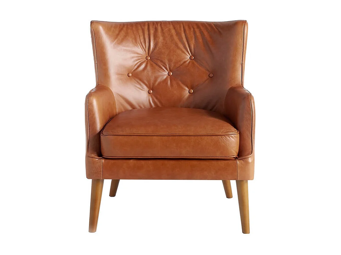 Zania gecapitonneerde fauteuil van massief hout en bruin leer