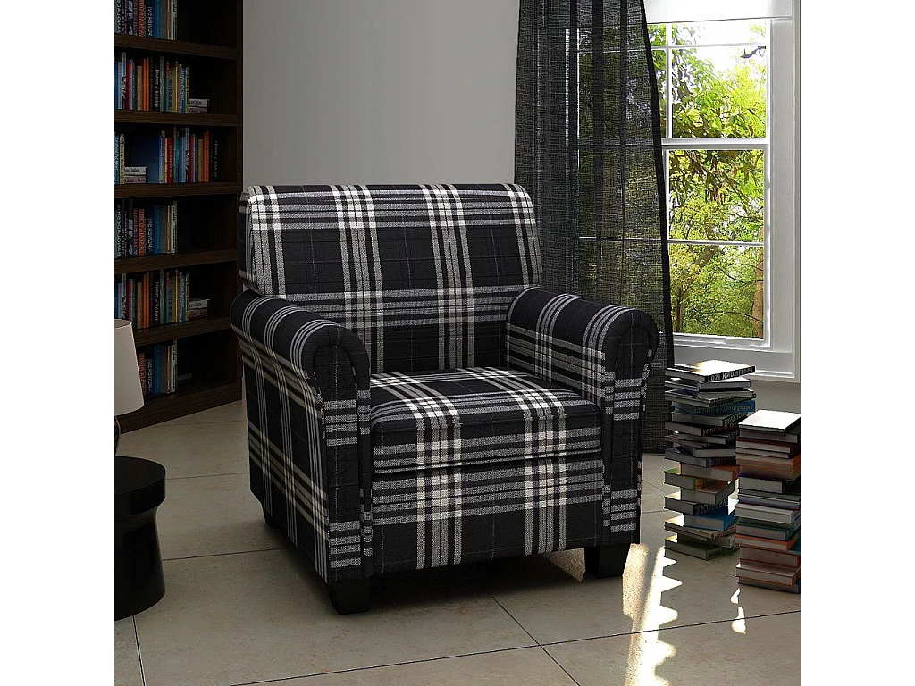 Fauteuil avec coussin noir tissu à grand carreaux