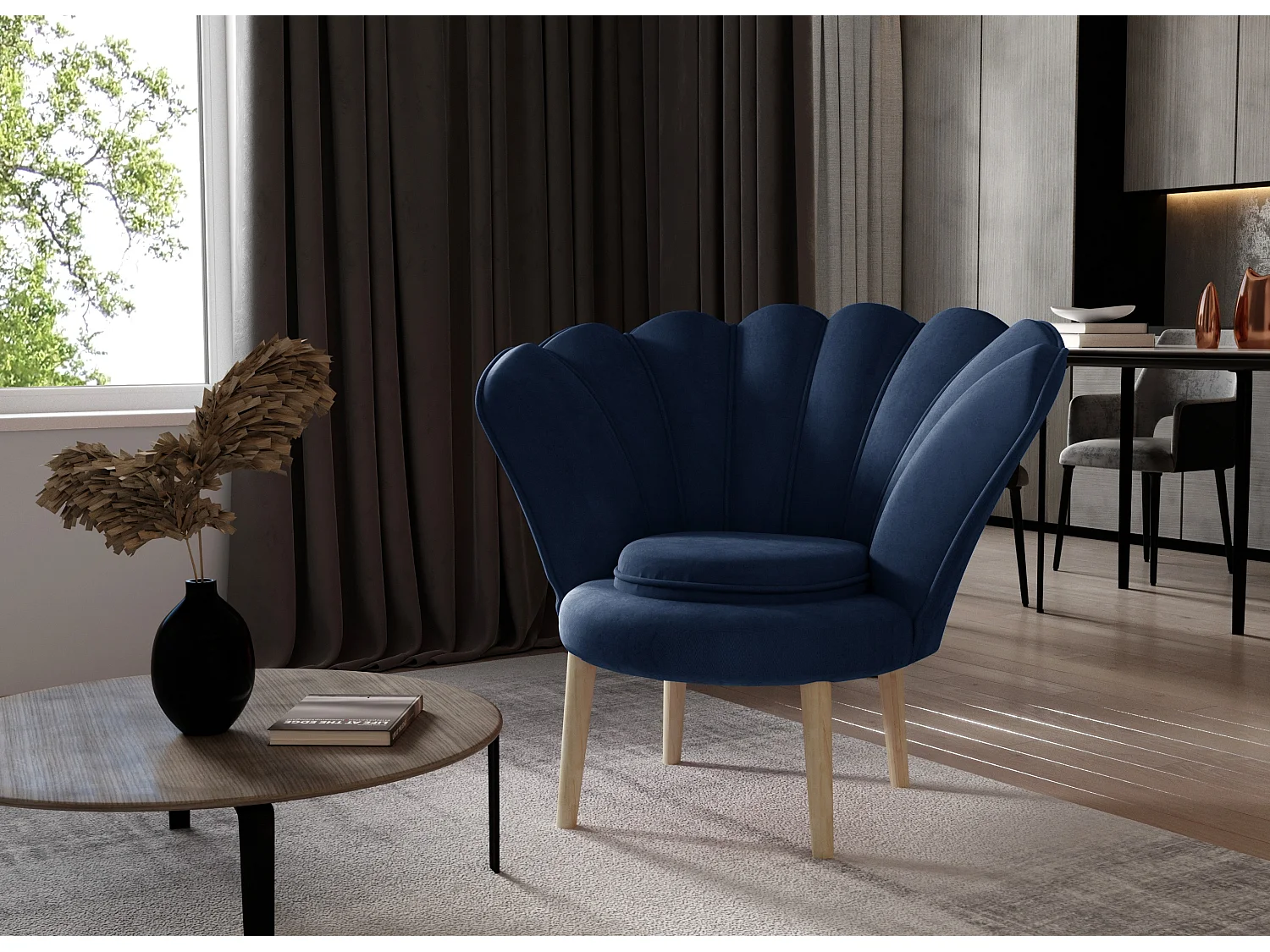 Skidra marineblauwe fluwelen schelpfauteuil