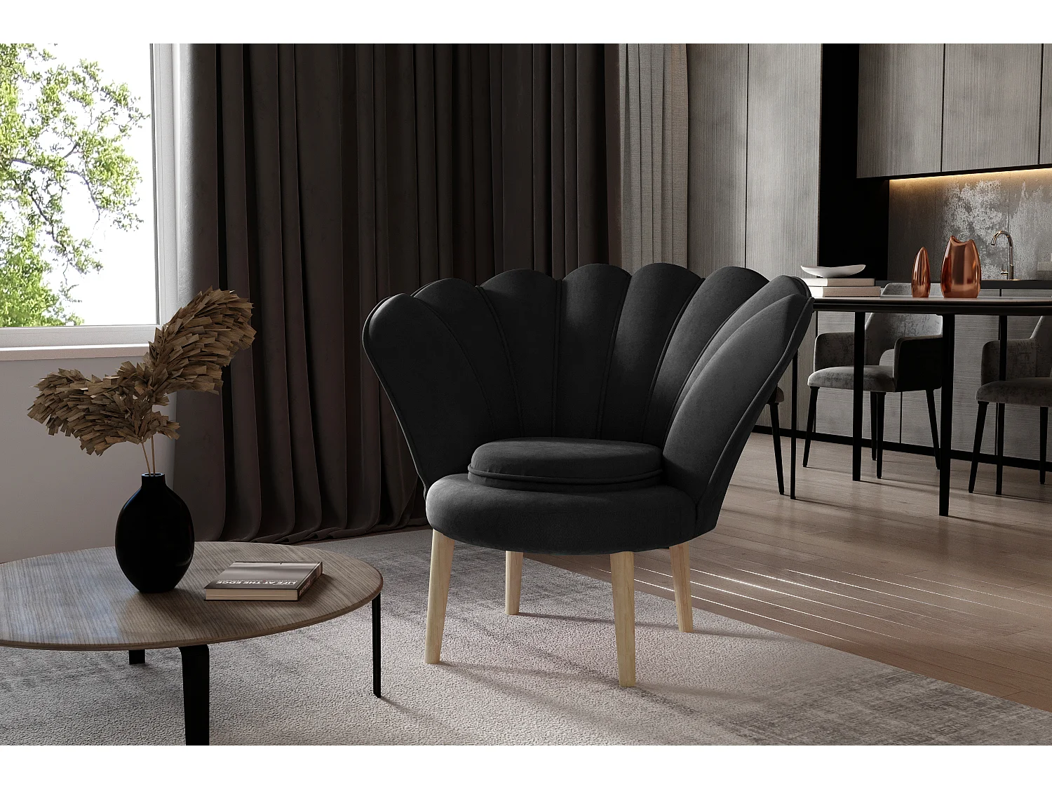 Skidra antraciet fluwelen kuipfauteuil