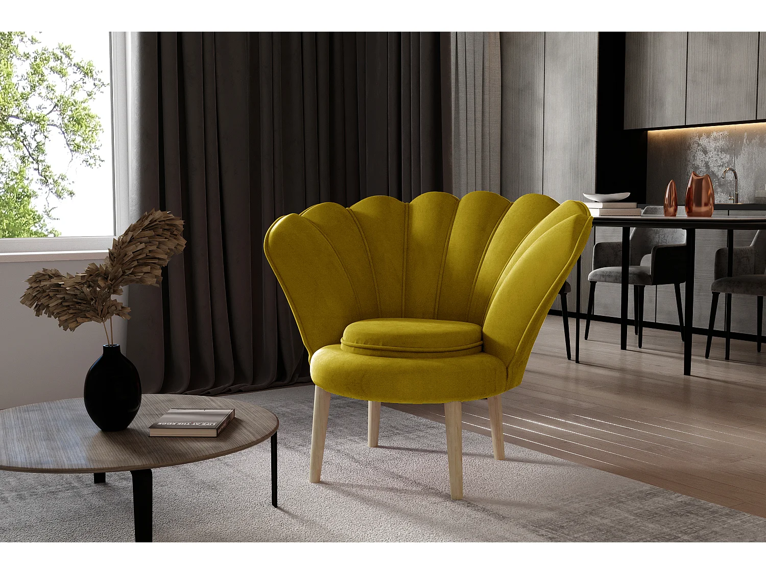 Fauteuil coquillage velours jaune Skidra