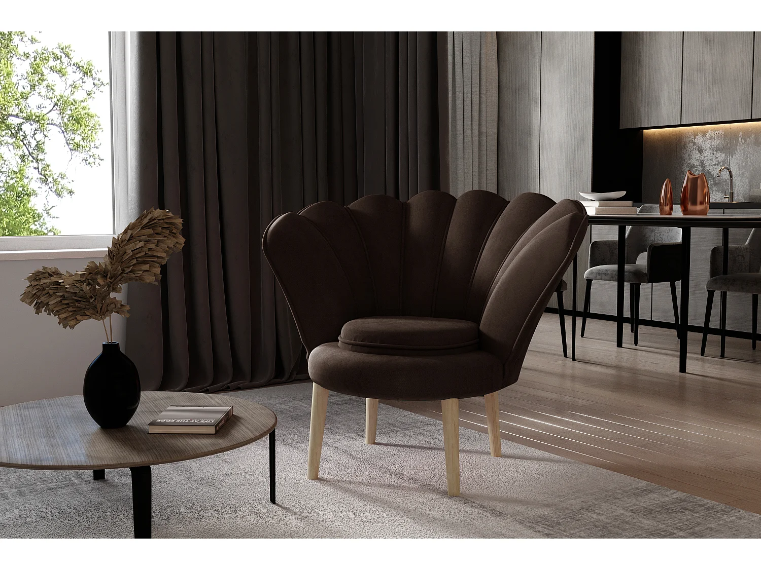 Fauteuil coquillage velours marron foncé Skidra