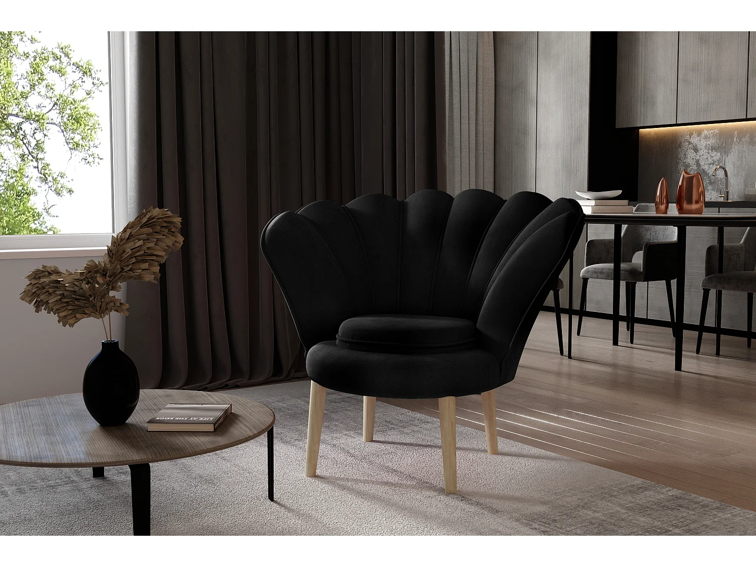 Skidra zwart fluwelen schelpfauteuil