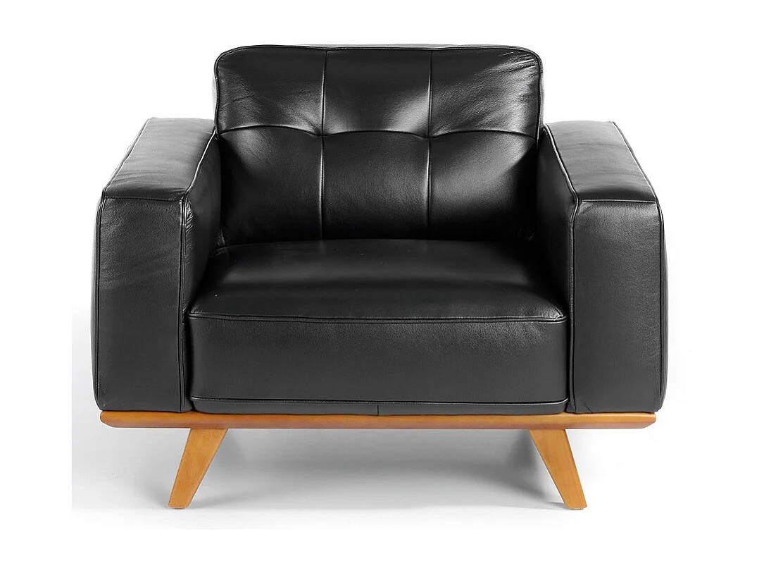 Kiro gewatteerde zwart lederen fauteuil en massief houten poten