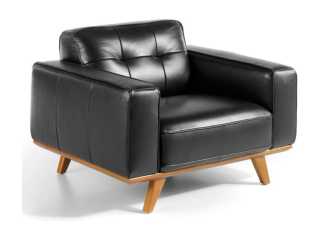 Kiro gewatteerde zwart lederen fauteuil en massief houten poten