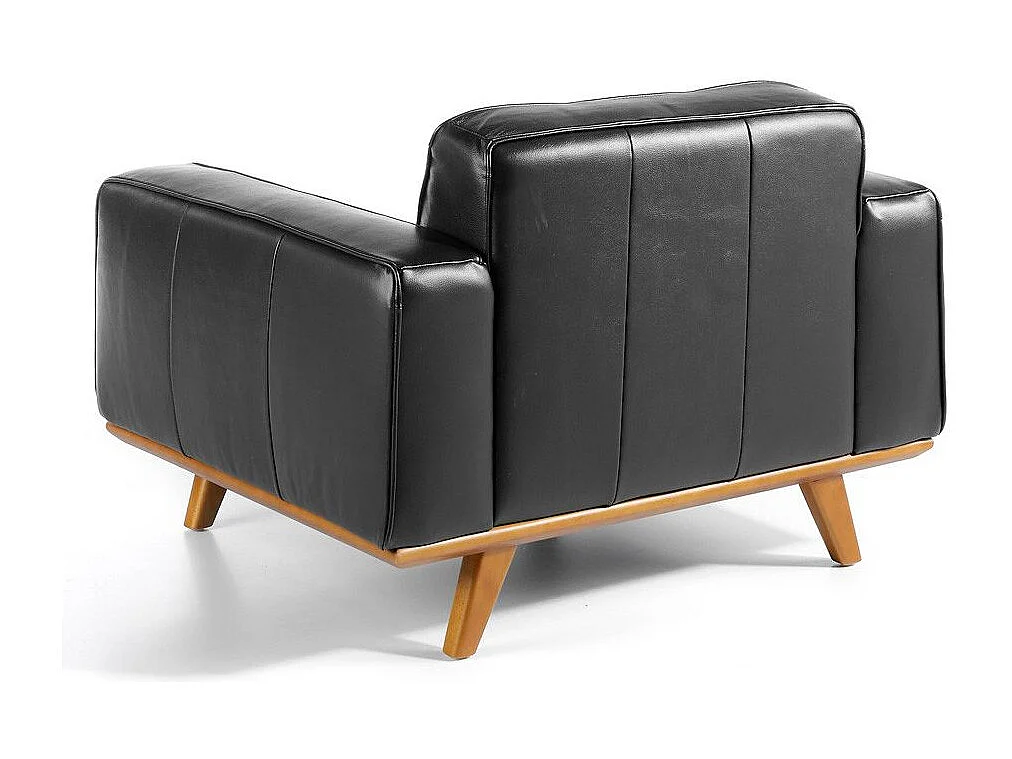 Kiro gewatteerde zwart lederen fauteuil en massief houten poten