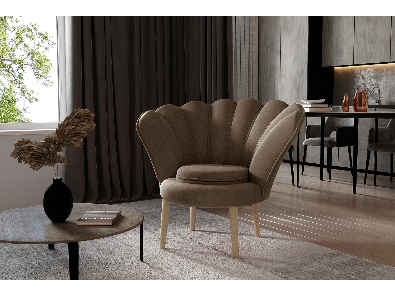 Fauteuil coquillage velours marron clair Skidra