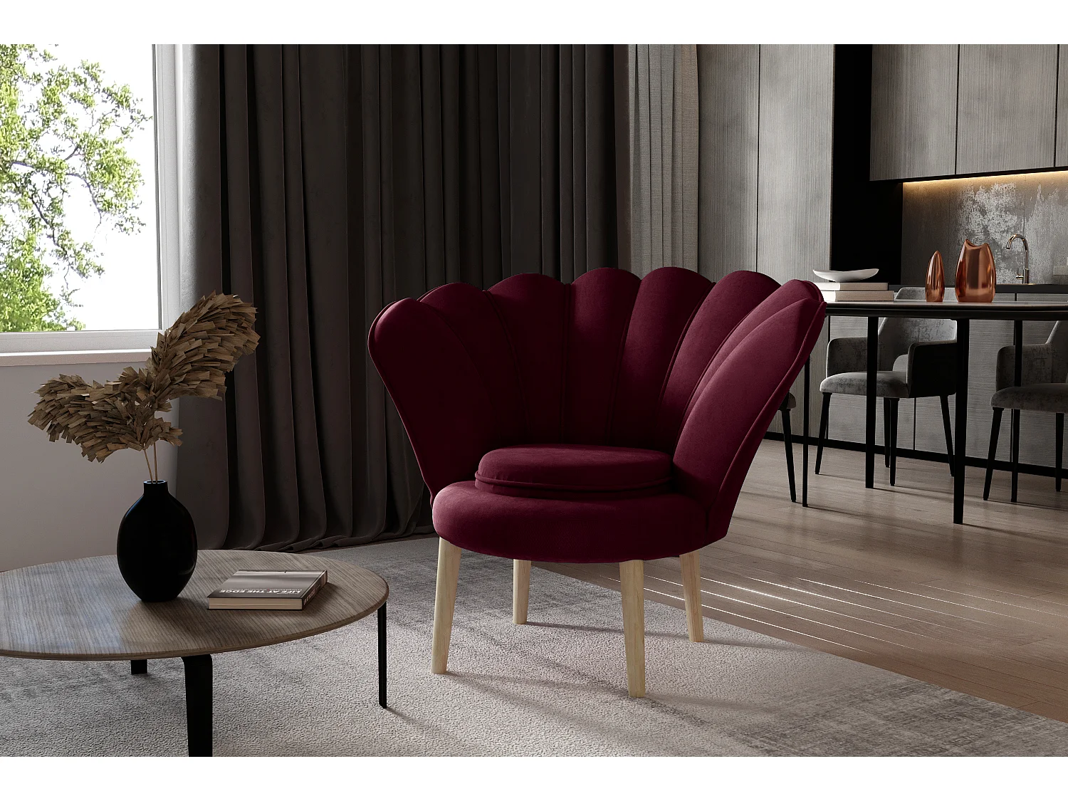 Fauteuil coquillage velours bordeaux Skidra