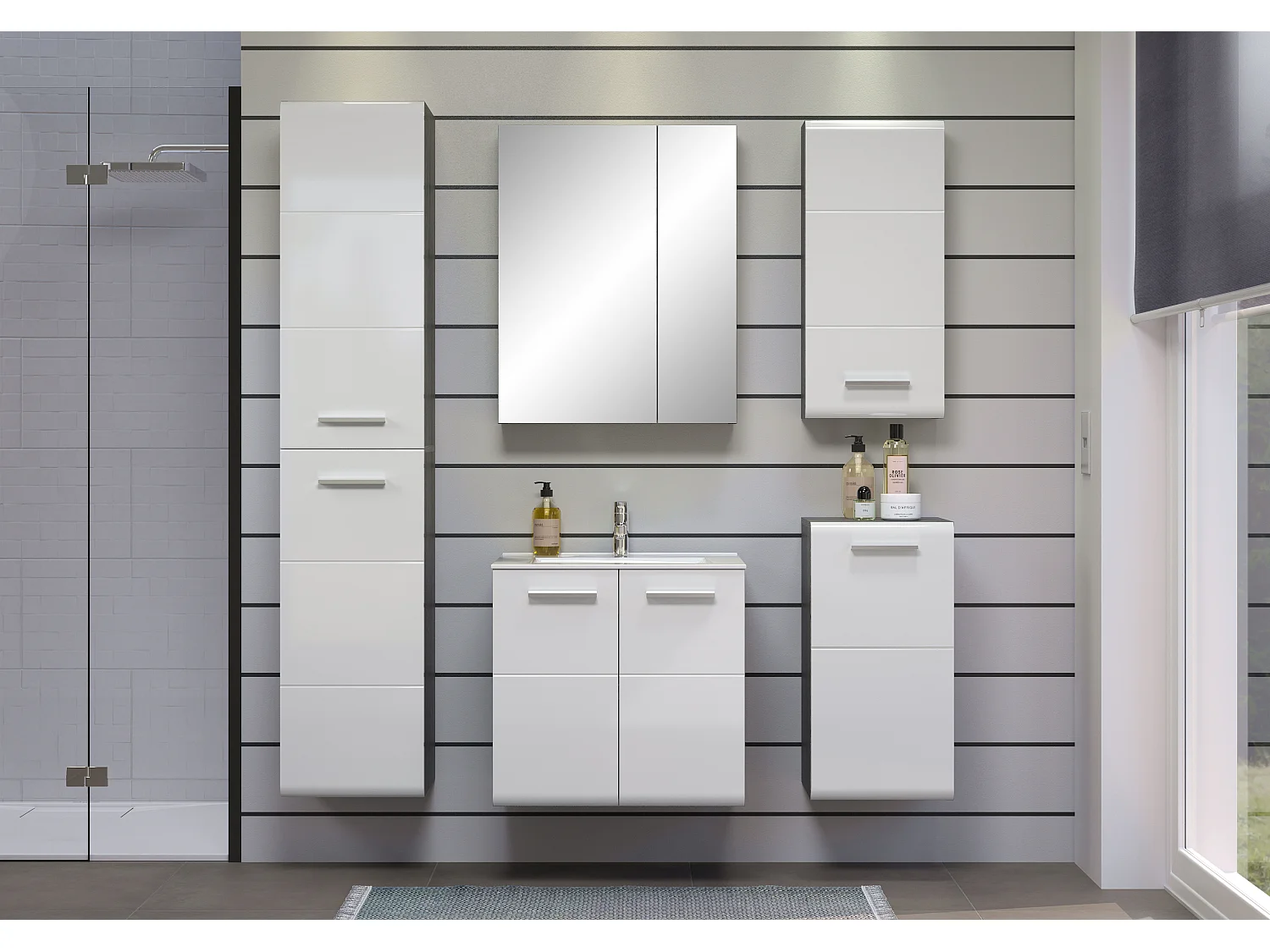 Meuble bas suspendu 1 porte blanc brillant et gris foncé Touka 35cm