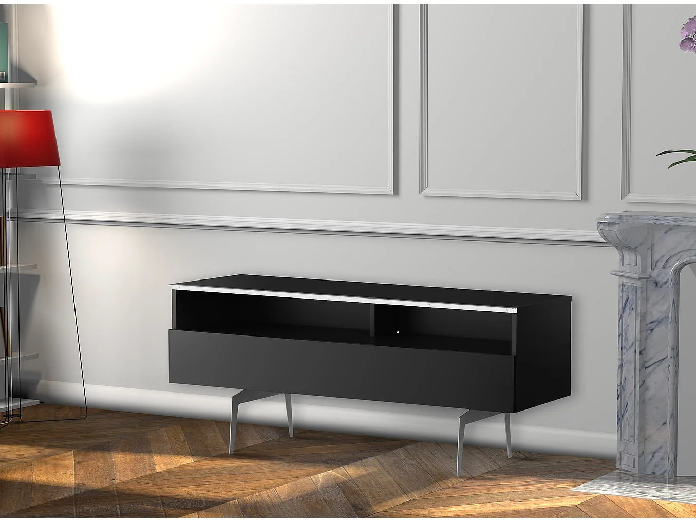 Meuble TV 2 niche 1 porte mélaminé noir et pied métal gris Perth 120cm