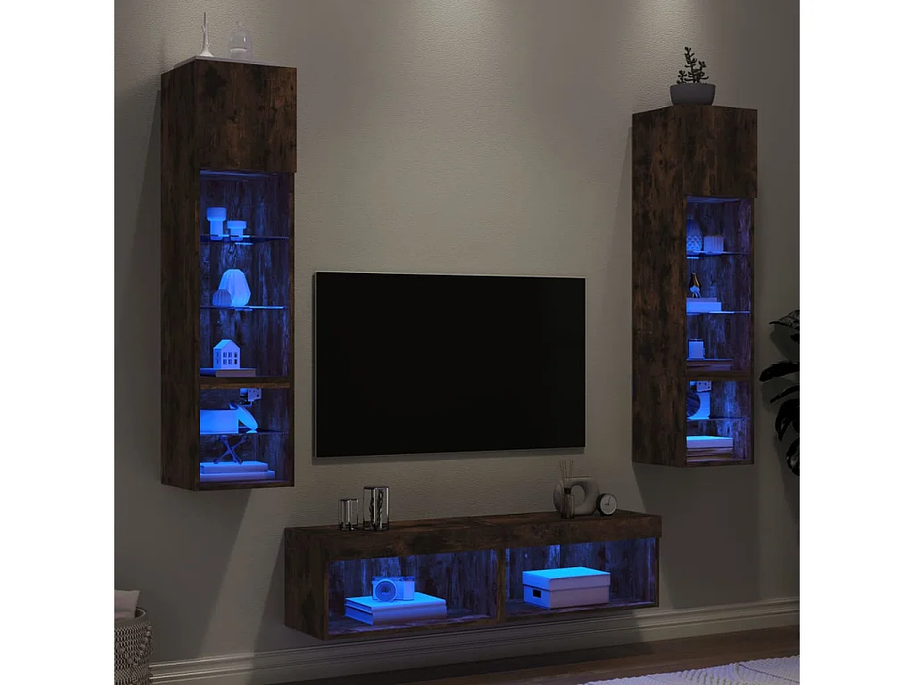 Unité murale TV avec LED 6 pc chêne fumé bois d'ingénierie
