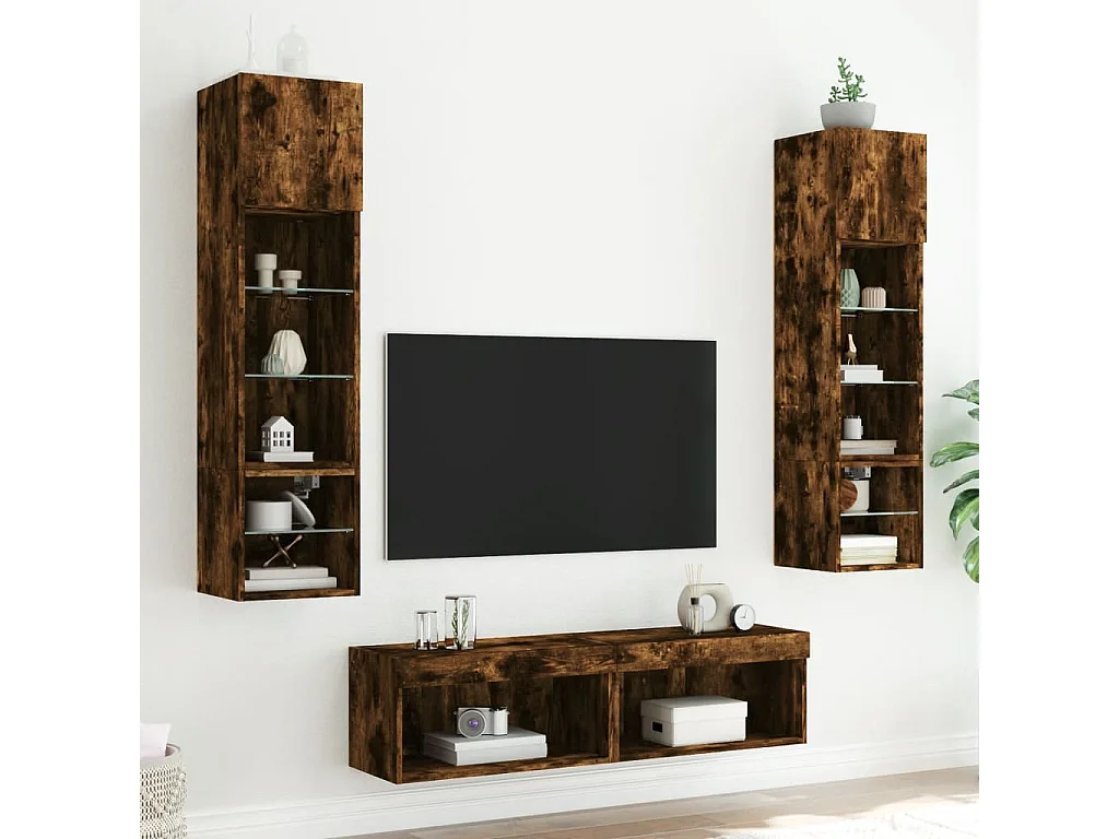 Unité murale TV avec LED 6 pc chêne fumé bois d'ingénierie