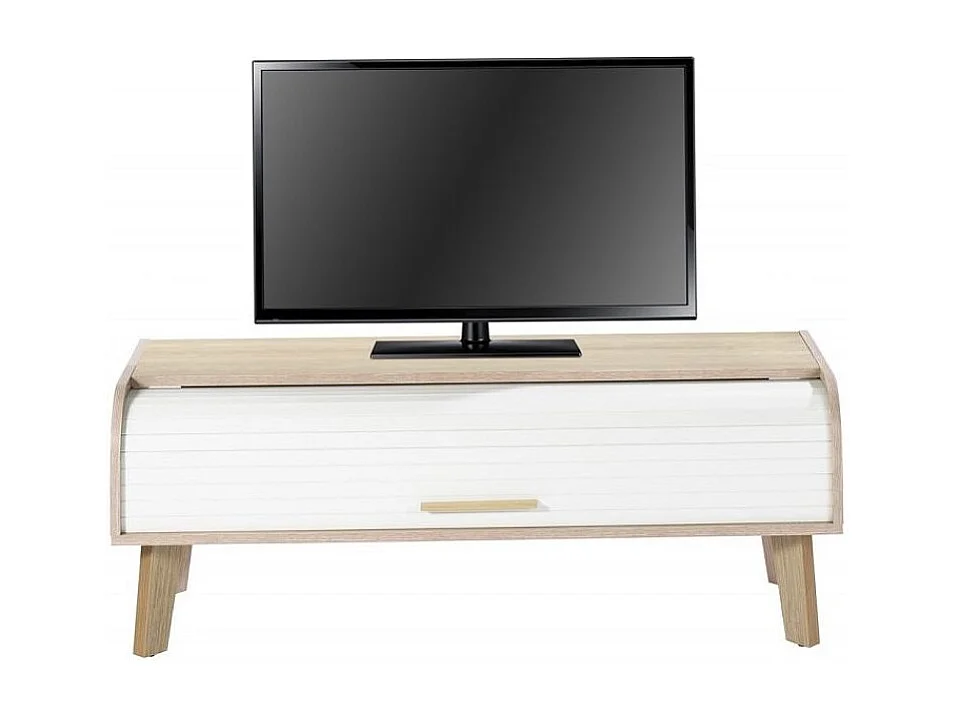 Meuble TV chêne clair rideau blanc Happy 114cm