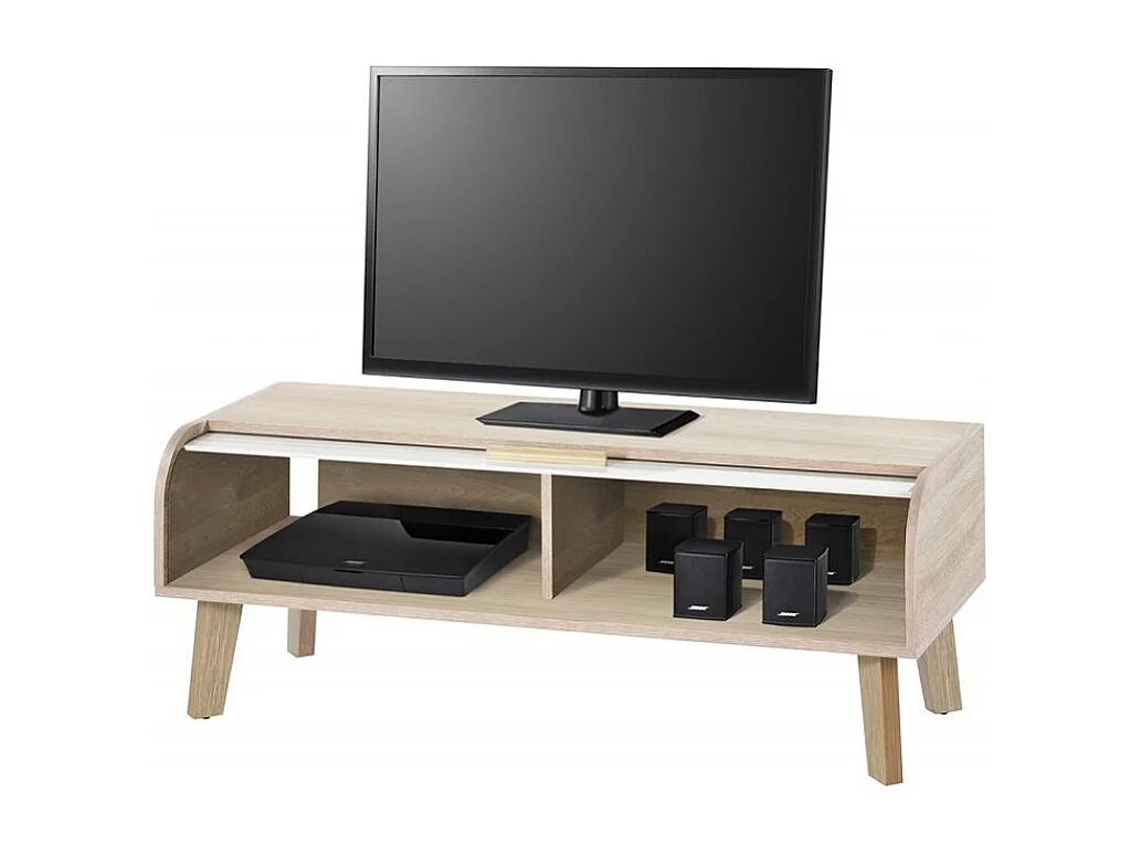 Meuble TV chêne clair rideau blanc Happy 114cm