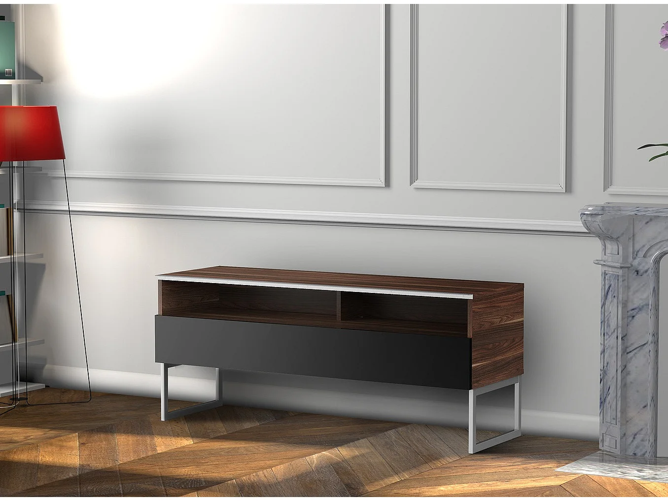Meuble TV 2 niche 1 porte bois foncé et noir Genova 120cm