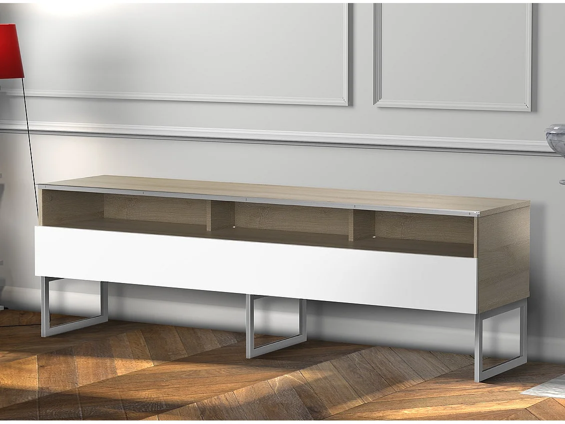 Meuble TV 3 niche 1 porte bois clair et blanc pied métal Messina 160cm