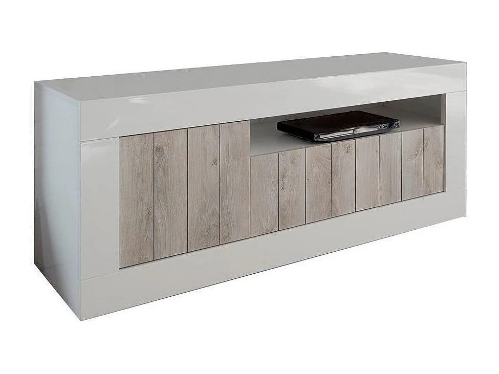 Meuble TV 3 porte laqué blanc brillant et pin gris Pilari L 138cm