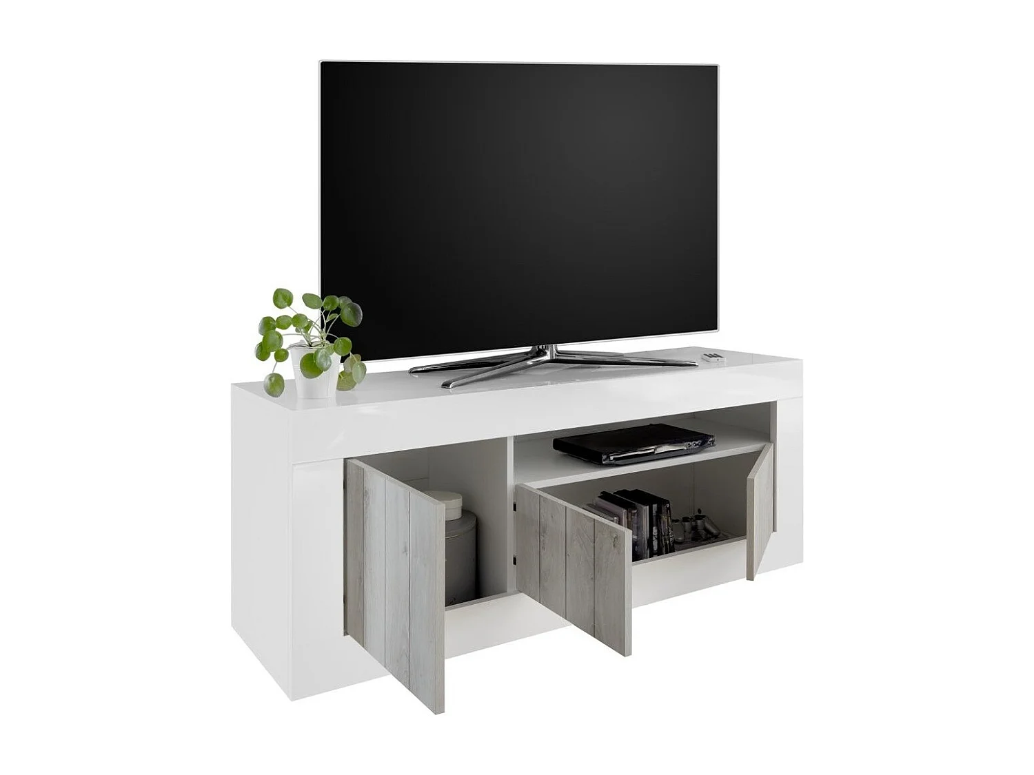 Meuble TV 3 porte laqué blanc brillant et pin gris Pilari L 138cm