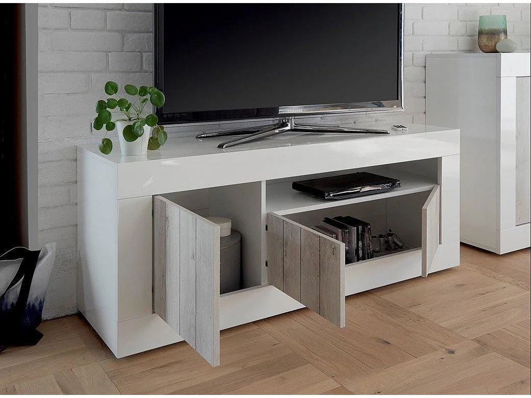 Meuble TV 3 porte laqué blanc brillant et pin gris Pilari L 138cm