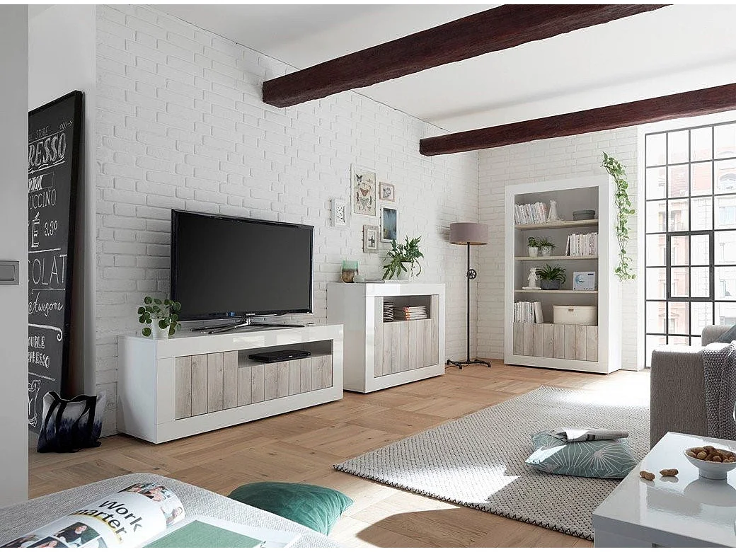 Meuble TV 3 porte laqué blanc brillant et pin gris Pilari L 138cm