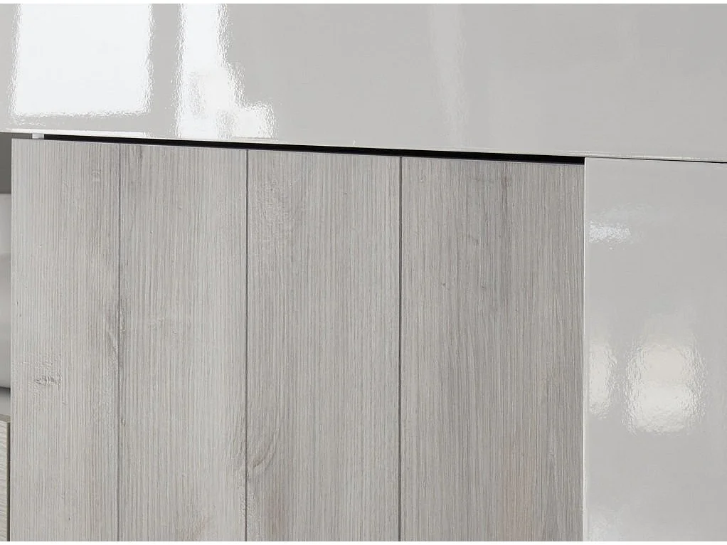 Meuble TV 3 porte laqué blanc brillant et pin gris Pilari L 138cm