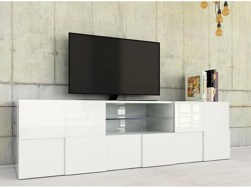 Meuble TV 2 porte 1 tiroir bois laqué blanc brillant Namob L 180cm