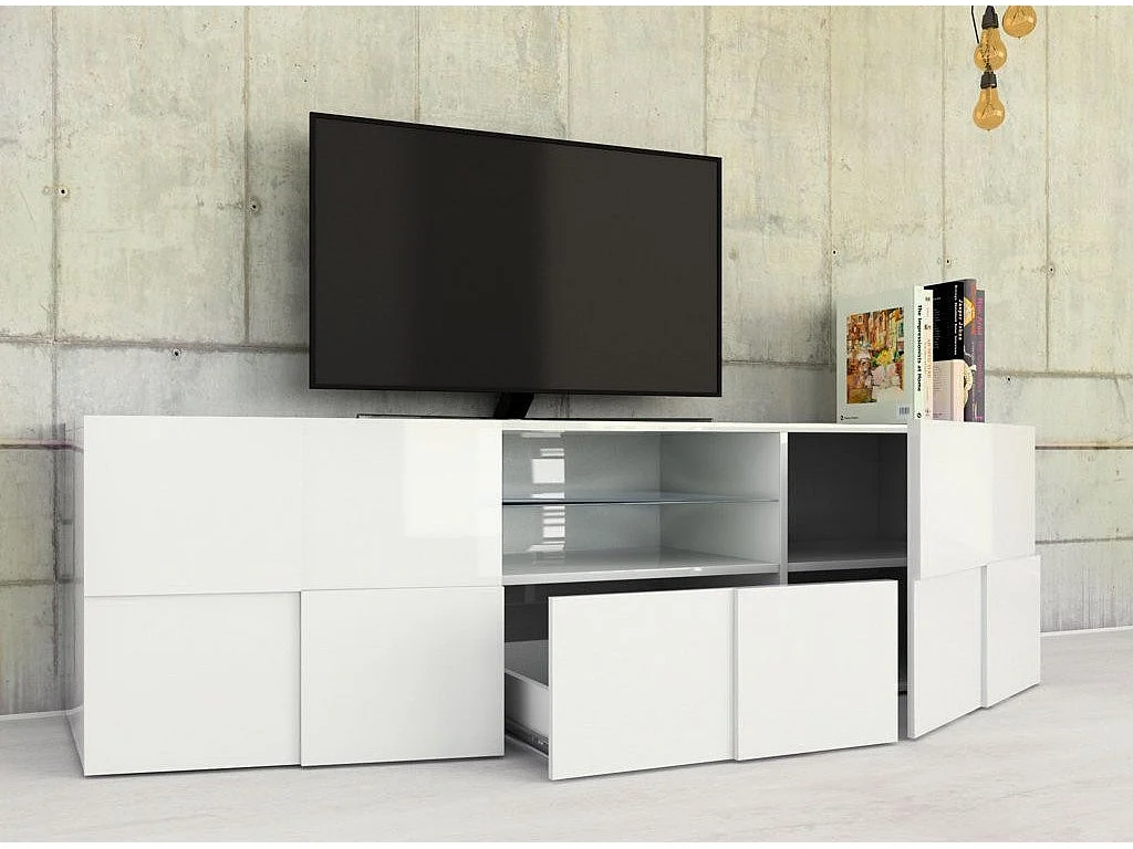 Meuble TV 2 porte 1 tiroir bois laqué blanc brillant Namob L 180cm