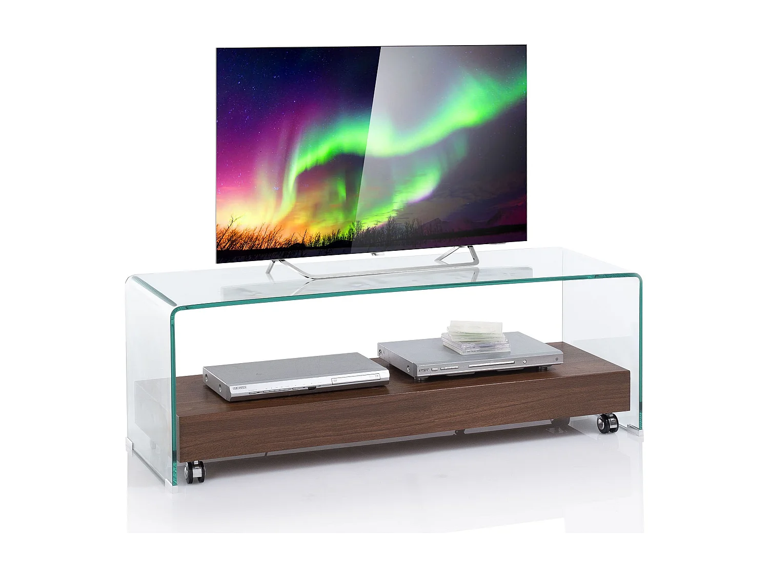 Meuble TV verre transparent et bois noyer foncé Mell L 130cm
