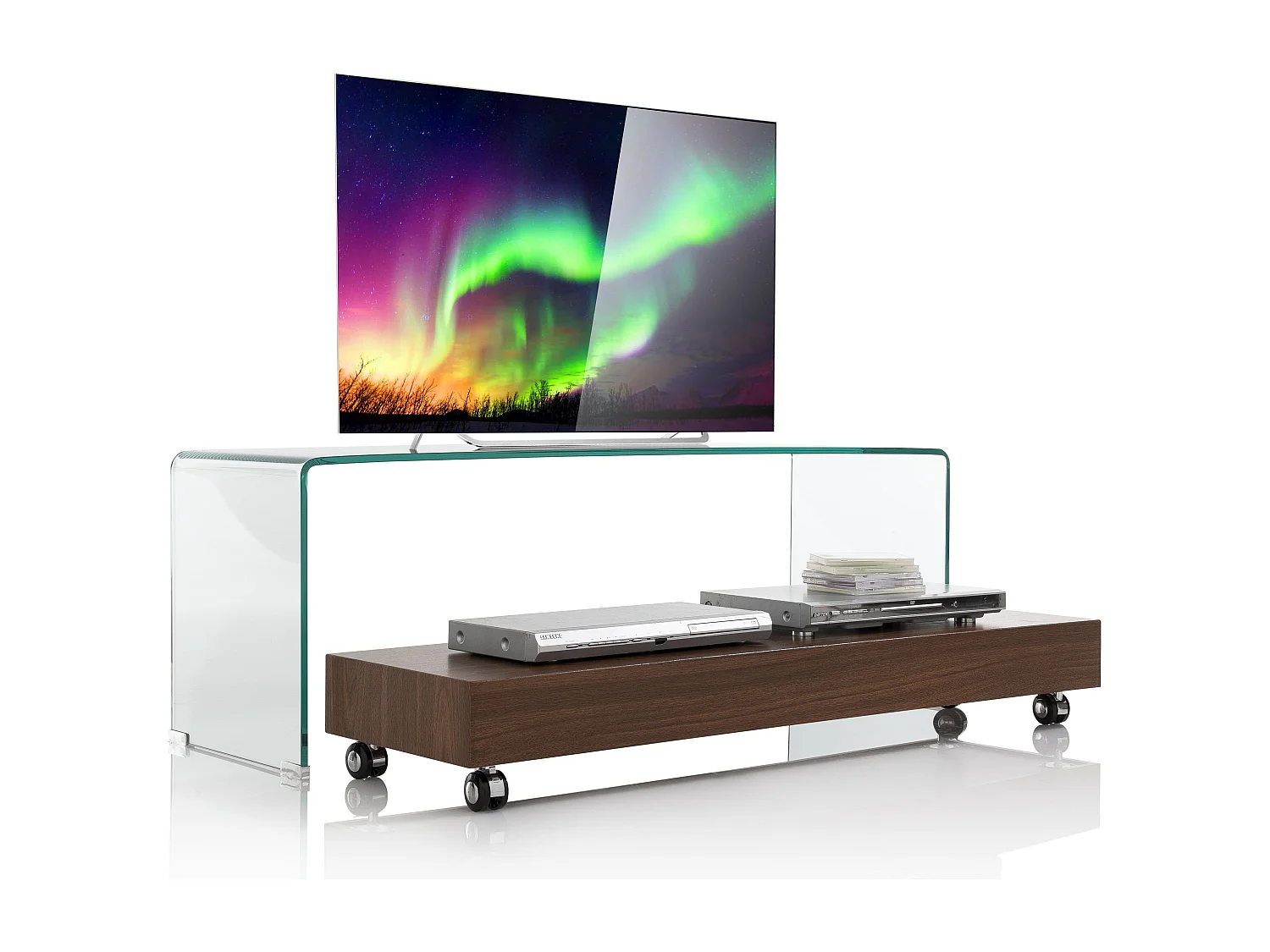 Meuble TV verre transparent et bois noyer foncé Mell L 130cm
