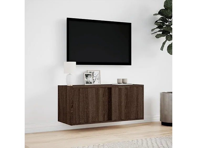 Meuble TV mural avec lumière LED chêne marron 80x31x35