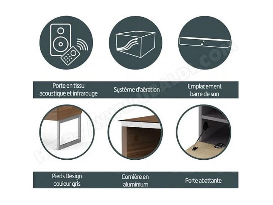 Meuble TV tissu acoustique et bois mélaminé noir Palermo 120cm