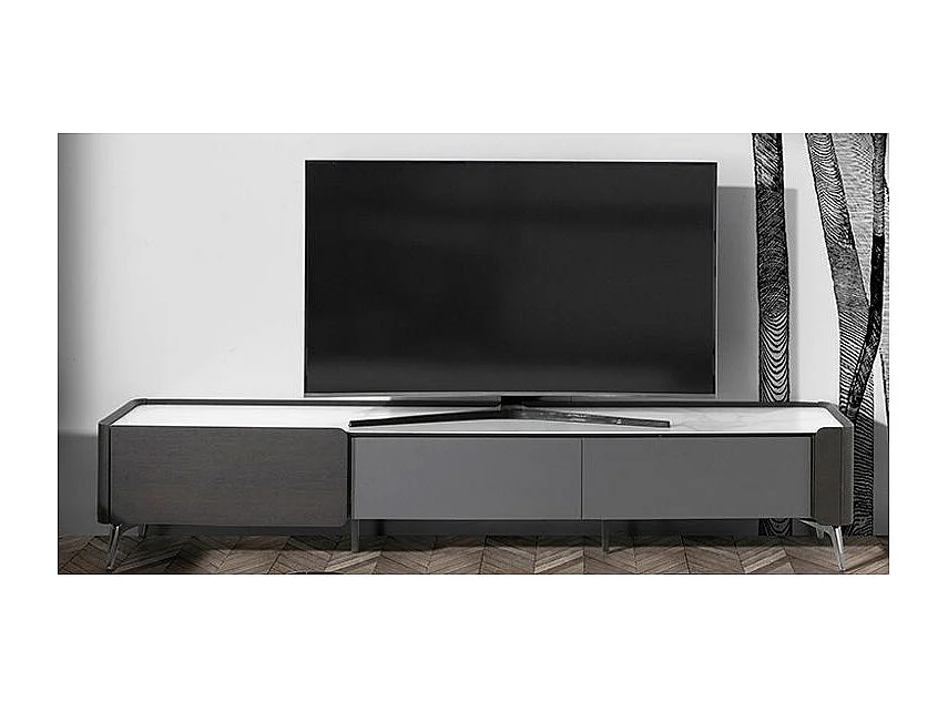 Meuble TV rectangle porcelaine marbré et bois de wengé Wendy