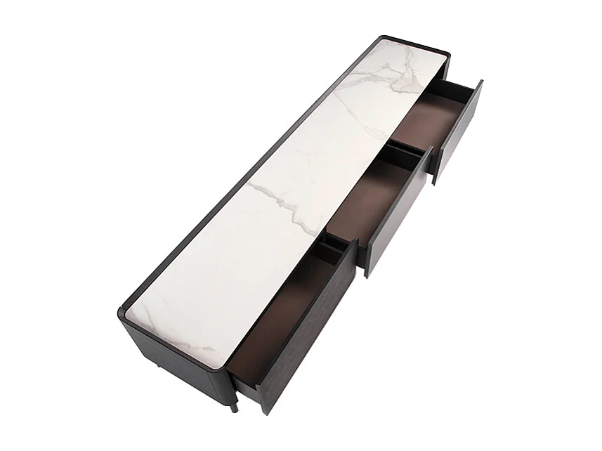 Meuble TV rectangle porcelaine marbré et bois de wengé Wendy